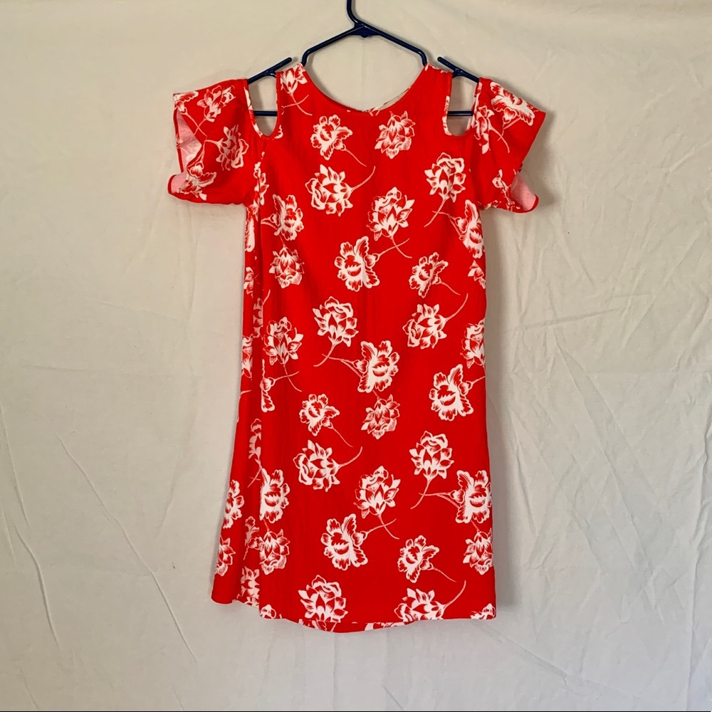 Red and white floral LOFT cold shoulder dress
